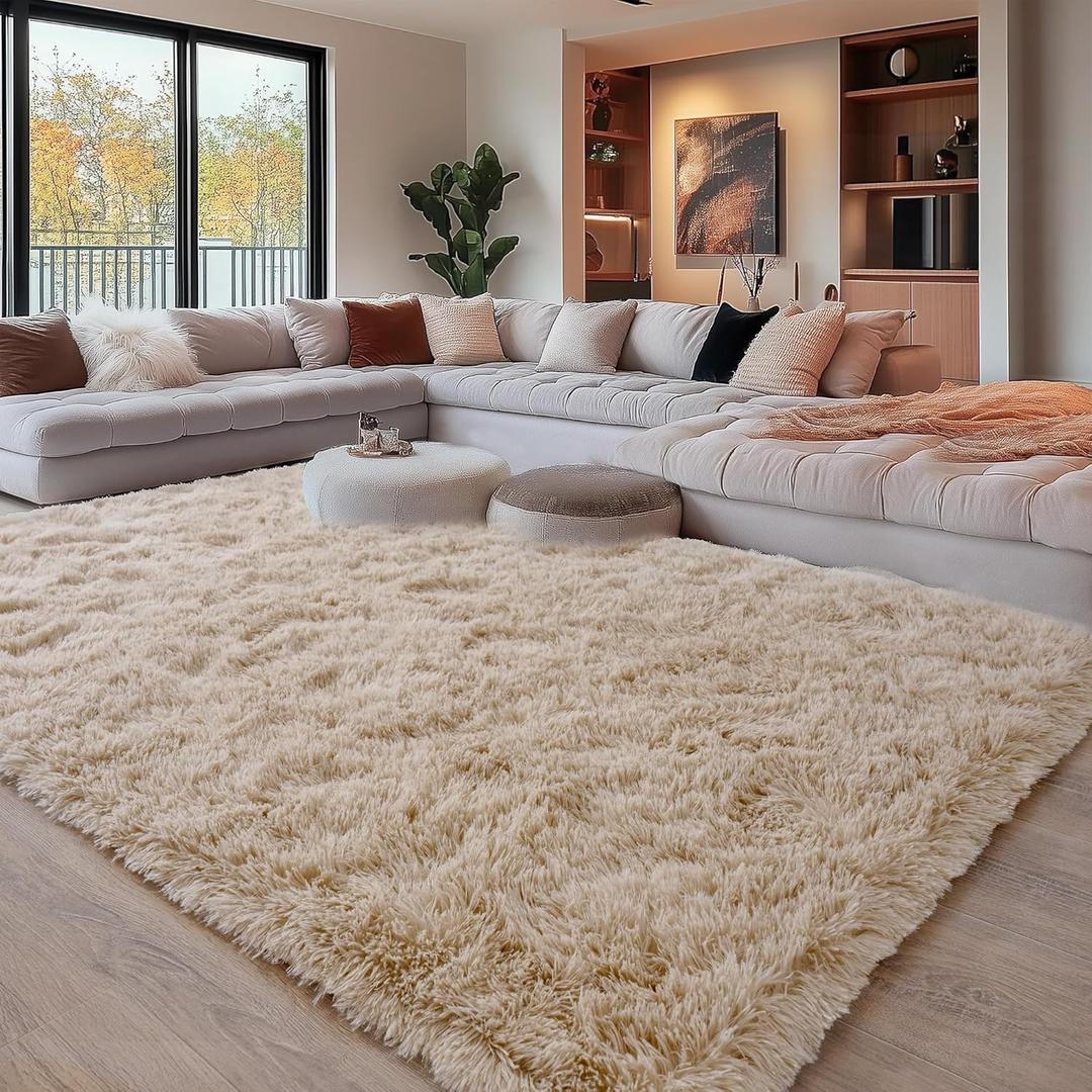 Beige Fluffy Rug for Bedroom 8x10 ft Large - Ultra Soft & Non Slip Shaggy Area Rug, Comfy Durable Carpet for Living Room Kids Room Teens Dorm Home Decor, 1.7'' Thick Indoor Plush Carpets