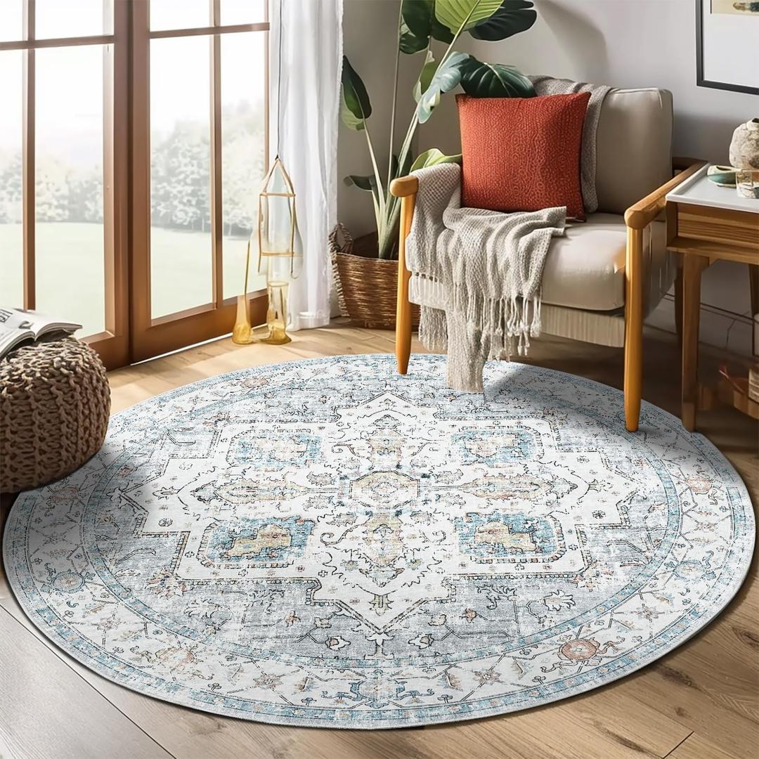 Jinchan Round Rug 4ft Area Rug - Machine Washable 4'Circle Vintage Floral Non-Slip with Rubber Backing Ultra-Thin Low-Pile Carpet for Living Room Dining Room Entryway (4'Round, Grey/Blue)