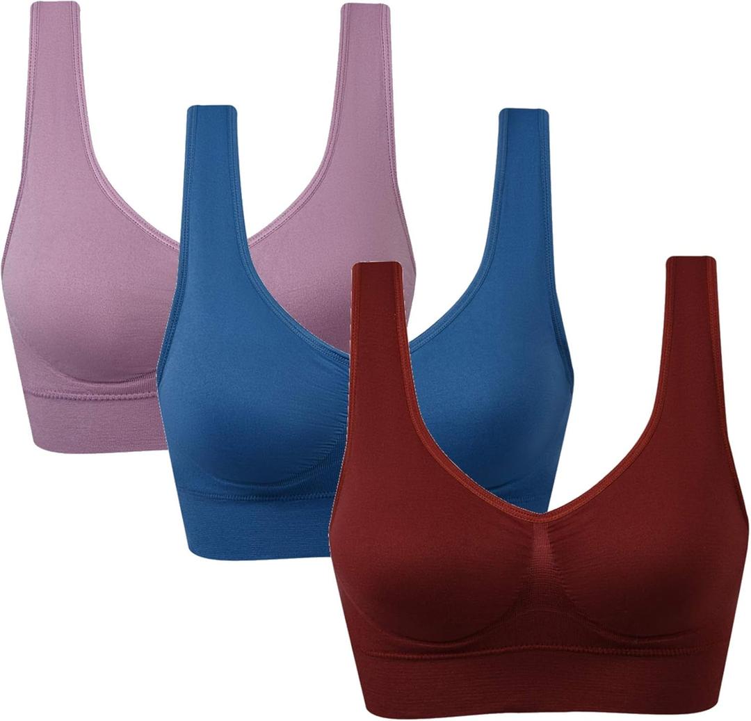 Vermilion Bird Women's 3 Pack Seamless Comfortable Sports Bra with Removable Pads (3 Pack: Ink Blue Orchid Truffle)