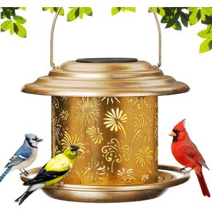 Solar Bird Feeders for Outdoors, Weatherproof Metal Bird Feeder, Outside Hanging Birdfeeder Lantern with Flowers Pattern for Courtyard Garden Decoration