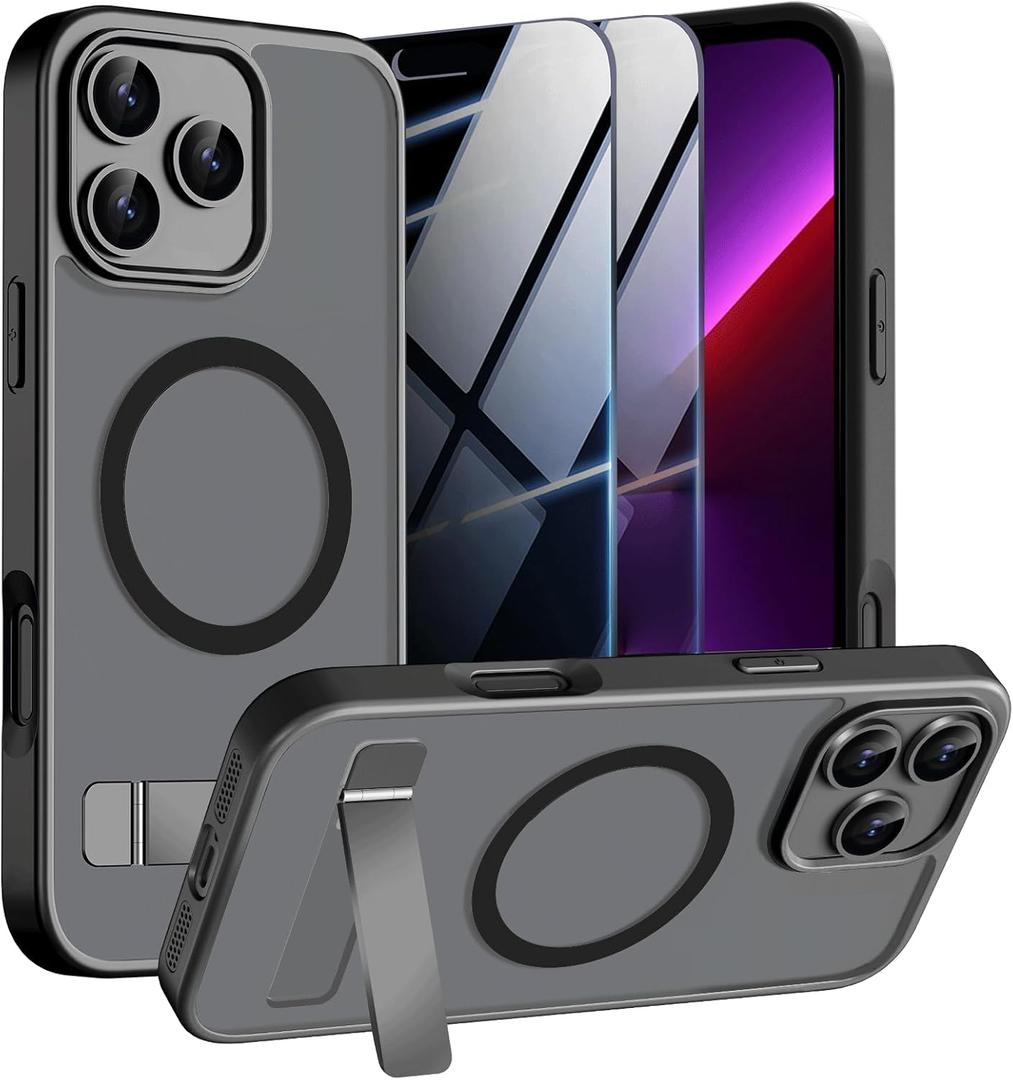 Magnetic Case for iPhone 13 Pro Max Phone Case with Privacy Screen Protector 2X,Compatible with MagSafe,Invisible Kickstand [20FT Protection],Translucent Matte Shockproof Cover for 13 ProMax,Black