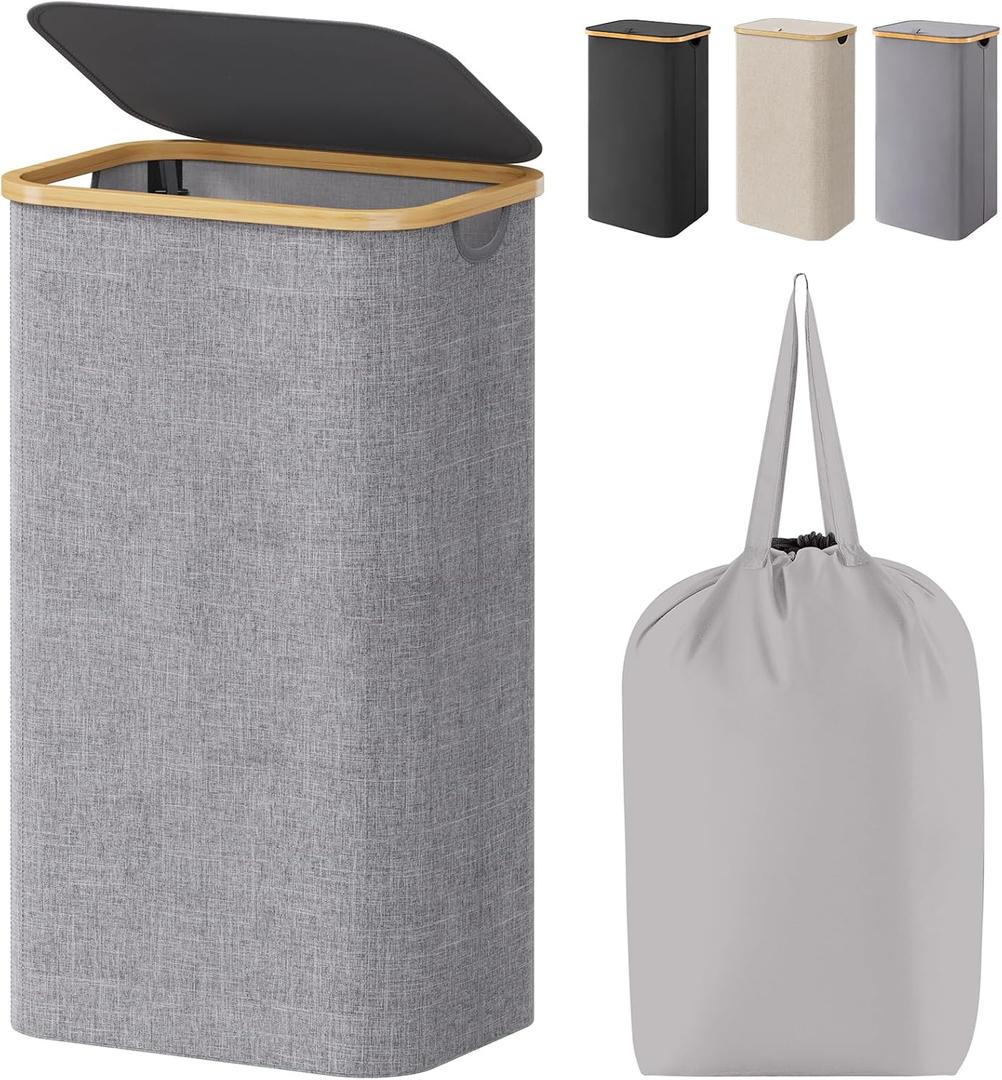 Lifewit 100L Laundry Basket with Lid, Clothes Hampers for Laundry with Bamboo Handles and A Removable Laundry Bag, Large Foldable Hamper for Bedroom, Bathroom, Dorm, Laundry Room, Light Gray
