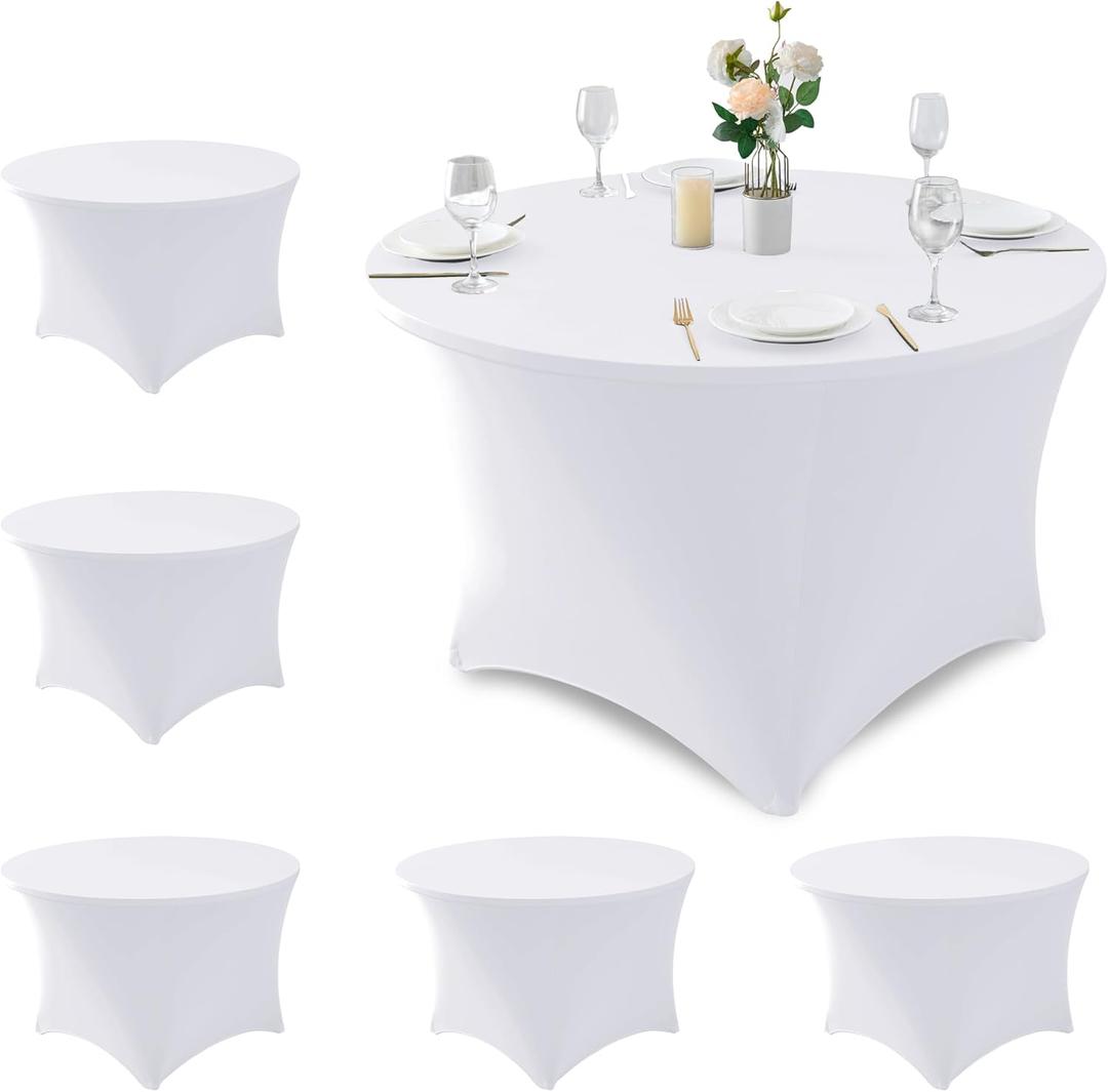 Fitted Table Cloth Round Cover 4ft-Spandex Elastic Table Covers 6 Pack 48 Inch-White Small Stretch Folding Tablecloth for Weddings Banquets Restaurant Event Parties Vendor Stand Tables