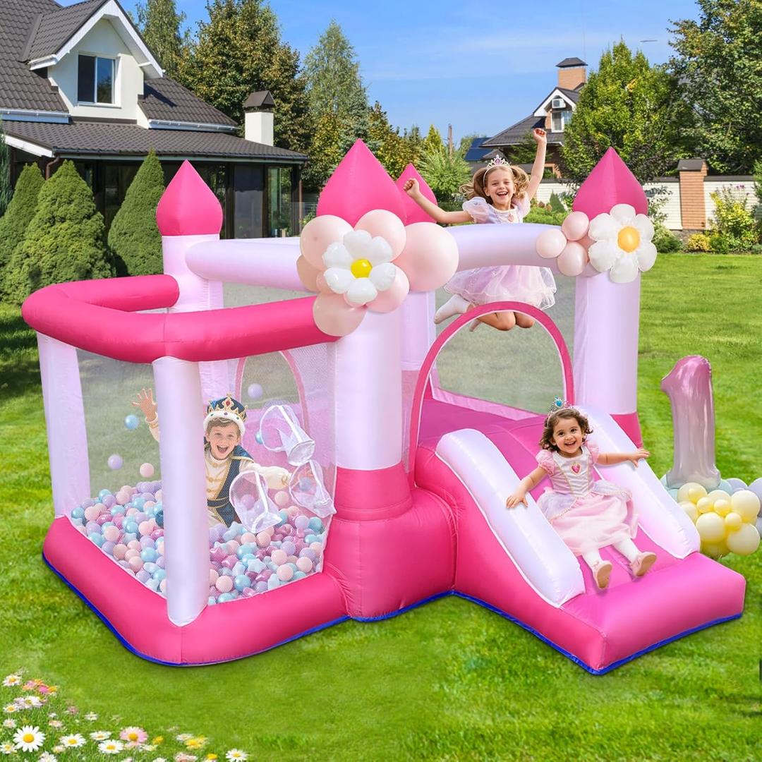 Inflatable Bounce House,Pink Indoor Bounce House with Ball Pit,Blow Up Jumping Bouncy House with Slide,Basketball Hoop, Storage Bag,Indoor Outdoor Backyard Party