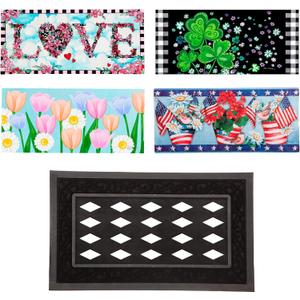Evergreen Sassafras Spring Holiday Doormat Insert Bundle & Tray Set of 5, Interchangeable Entrance Door mats Indoor and Outdoor Welcome Mat 30 x 18 Tray Non Slip Backing Low Profile