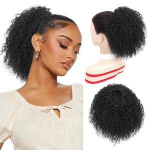 Drawstring Curly Ponytail Extensions for Black Women Protein Silk Fiber Human Hair Soft Feeling Afro Kinky Curly Hair Puff Pony tails Lightweight, Soft Natural Budget-Friendly for Daily Styles (8 Inch, 1B)