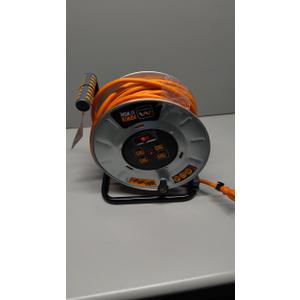 Masterplug 100ft Cord Reel, Metal Cable Drum, Retractable Extension Lead with Winding Handle, Safety Overload Circuit Breaker and Power Switch, 4x Grounded Outlets, 15amps, 12AWG Cable