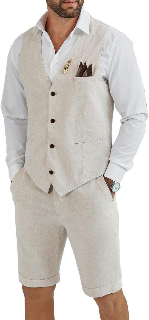 Men's Linen 2 Piece Suit Slim Fit Wedding Groom Groomsmen Summer Vest Shorts Set (Beige, L)