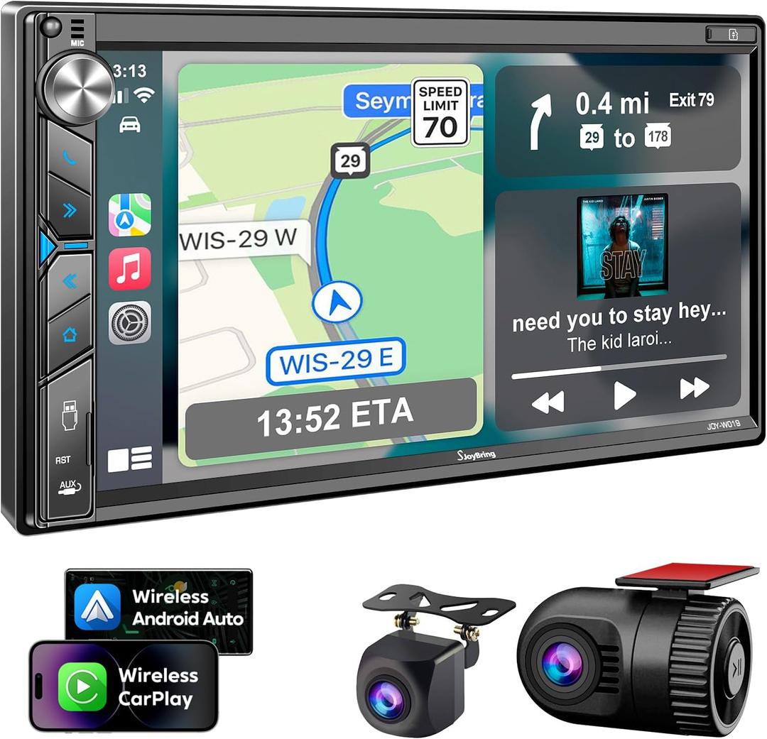 Double Din Car Stereo with Dash Cam - Voice Control Carplay, Android Auto, Steering Wheel Controls, 7" HD Touchscreen, Backup Camera, Bluetooth, Mirror Link, Subw, USB/TF/AUX, AM/FM Radio Receiver