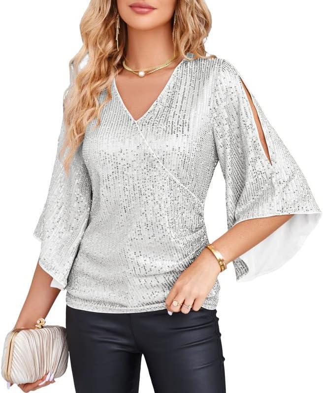 Women Sequin Tops 3/4 Sleeve Glitter Glitter Party Blouse V Neck Elegant Tops for Evening Party Top Women White M