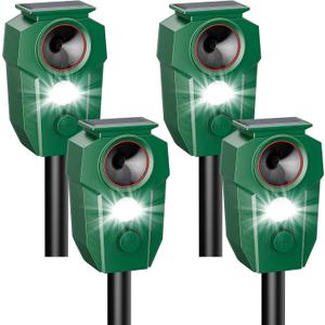 4-Pack Solar-Powered Ultrasonic Animal Repellent, Motion Activated Deer, Raccoon & Cat Deterrent with Flashing LED Light, IP65 Waterproof Outdoor Deer Repellent Devices for Yard Lawn Garden