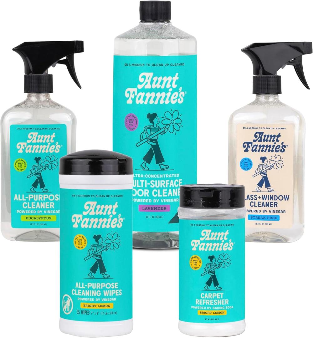 Aunt Fannie's Whole Home Cleaning Bundle: All Purpose Spray, Floor Cleaner, Glass & Window Cleaner, Multi-Surface Wipes, Carpet Refresher (18.6 Fl Oz (Pack of 5))