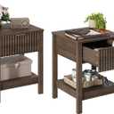Fluted Nightstand Set of 2 with Drawer and Open Shelf,Walnut | Modern Wood Side End Table with Golden Handle,Bedside Table Set of 2 with Storage,Large End Tables for Livingroom Bedroom