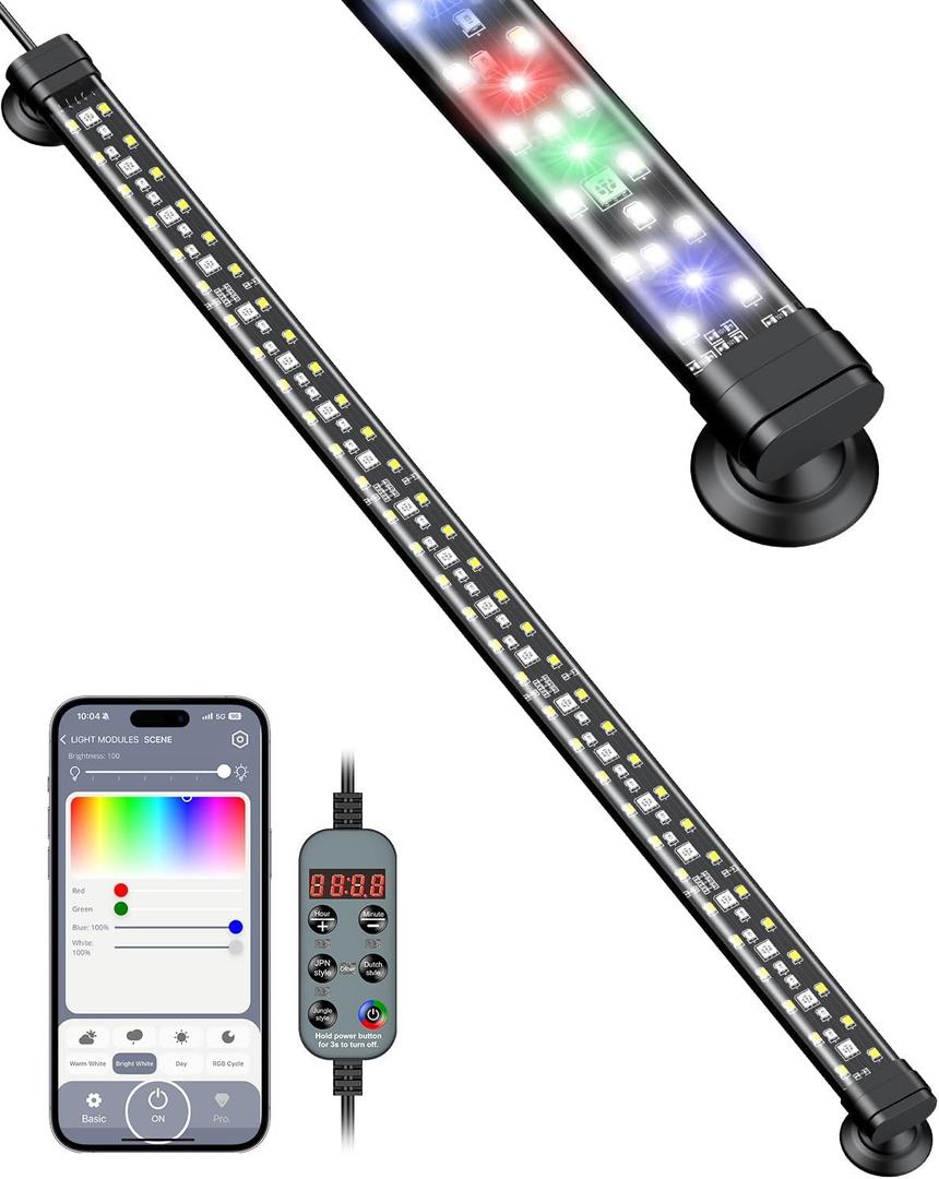 Pawfly Aquarium Light with Bluetooth for Plants, 10W 20 inch Full Spectrum Fish Tank Light for 20-40 inch Fish Tanks, Submersible LED Lights with App Control, Timer Modes & Adjustable Brightness