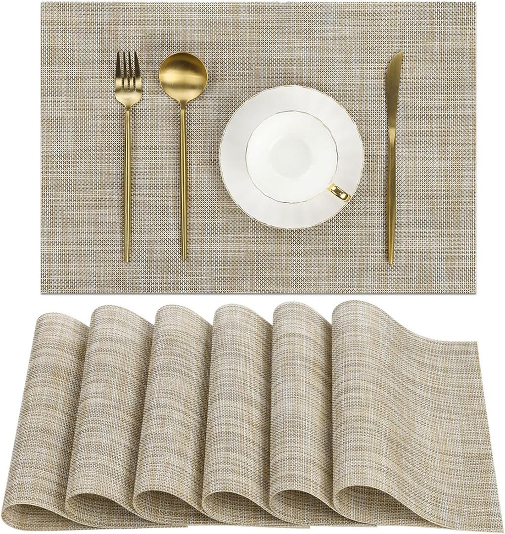 SHACOS Placemats Set of 6 Woven Vinyl Place Mats Wipeable Heat Resistant Stain Resistant Table Mats Indoor Outdoor, Beige