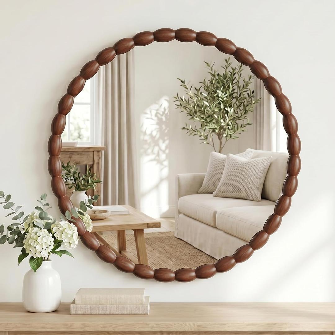 30"x30" Round Solid Wood Farmhouse Decorative Wall Mirror