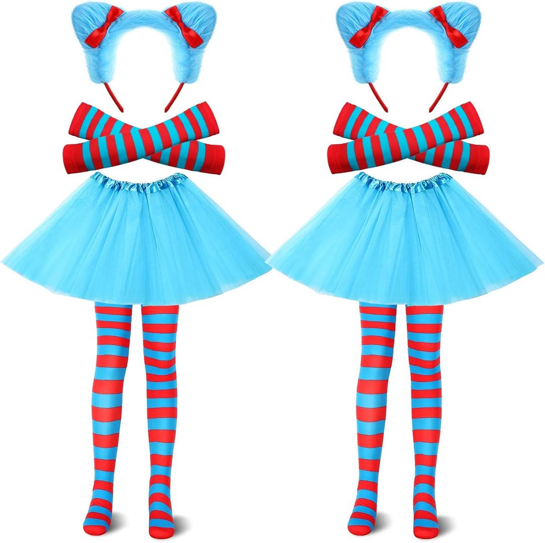Therwen 8 Pcs Blue Tulle Tutu Costume Set Tutu Skirt Headband Leggings Long Arm Warmer Gloves for Halloween