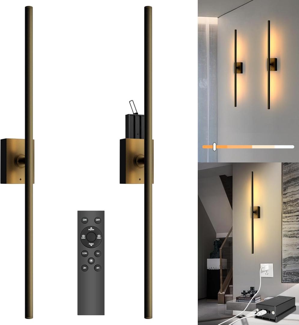 Yurnero Battery Operated Wall Sconces with Remote Control,Wall Sconces Set of Two, 3000K-6000K LED Wireless Wall Light for Bedroom, Picture Lights for Wall, Hallway, Background Wall (28.5in, Black)