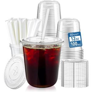 Homestockplus 100 Pack 12 oz BPA-Free Clear Plastic Cups with Lids and Straws - Leak-Proof Disposable Straw Cups, Iced Coffee Cups for Kids Drinks, Smoothies & To-Go Cold Beverages