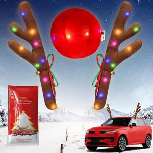 Charming Christmas Car Decoration, Festive Reindeer Car Kit, Reindeer Antlers & Nose, Christmas Lights for Cars, Nice Gift for Families & Friends, Suitable for Jeeps, Trucks, Golf Carts...