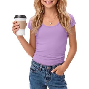 Oakgarden Girl's T-Shirts Summer Tops Teen Cap Sleeve Shirts Kids Scoop Neck Fitted Cute Casual Basic Tees 5-14 Y
