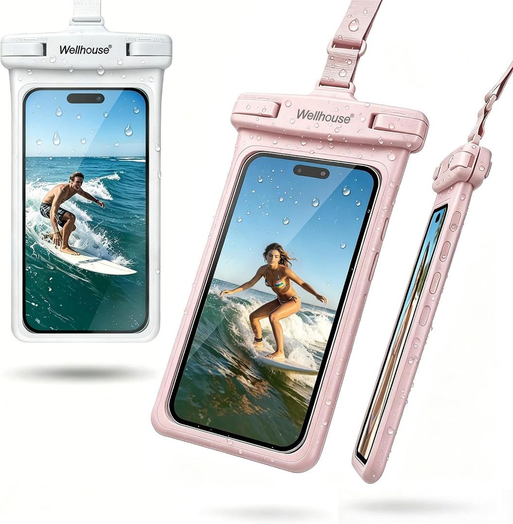 wellhouse Waterproof Phone Pouch, Waterproof Phone Case for iPhone17 16 15 14 13 Pro Max XS Samsung, IPX8 3D Cellphone Dry Bag Beach Essentials (2 Pack -Pink & White7.0, 7 inch)