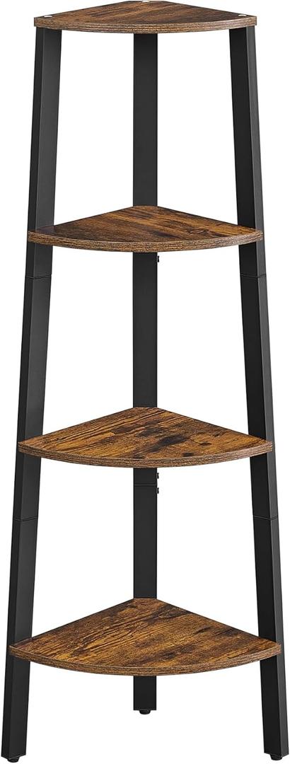 VASAGLE Corner Shelf Stand, 4-Tier Corner Bookshelf, Industrial Ladder Shelf, Plant Stand for Living Room, Office, Kitchen, Rustic Brown and Black ULLS34X