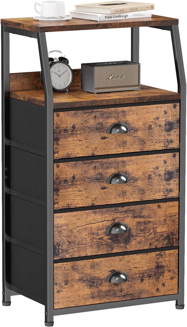 Furnulem Night Stand, Tall 4 Drawers Dresser for Bedroom, Hallway, Nursery, Closet Organizer, Nightstand Bedside Table Furniture, Vertical Storage Tower Fabric, Sturdy Steel Frame, Wood Top (Rustic Brown)