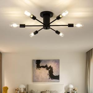 6-Lights Semi Flush Mount Ceiling Light, Matte Black Close to Ceiling Lighting with E26 Base, Modern Sputnik Light Fixtures for Living Room Bedroom Kitchen Dining Room