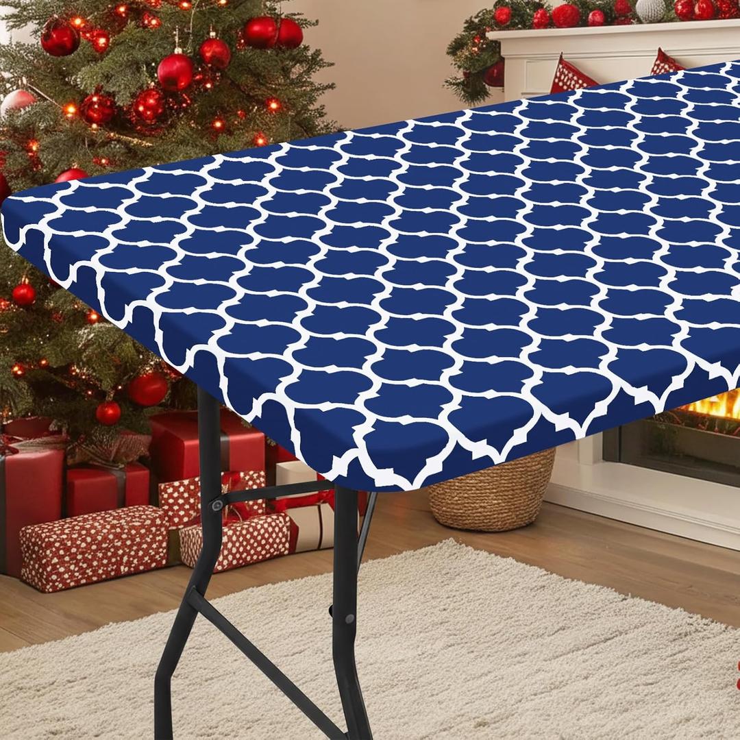 Smiry Rectangle Picnic Table Cover, Waterproof Elastic Fitted Camping Tablecloths for 6 Foot Tables, Wipeable Flannel Backed Vinyl Tablecloth Protector for Indoor, Outdoor (Navy, 30x72 Inches)