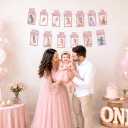 PartyHooman 1st Birthday Photo Banner for Baby from Newborn to 12 Months, 1st Birthday Decorations Girl Monthly Milestones Garland | 1 Year Old First Photo Banner Pre-strung with Frame (Rose Gold)