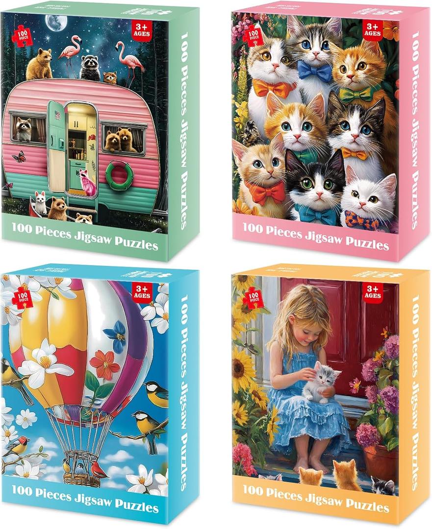 4-Pack 100 Piece Puzzles for Kids Ages 4-6, 6-8 | RV Trailer, Hot Air Balloon, Girl & Cats | Engaging & Educational Jigsaw Puzzles for Girls and Boys