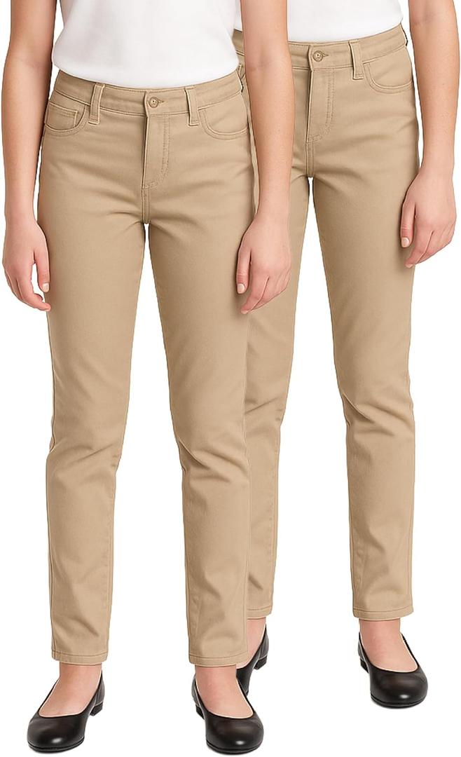 Girls School Uniform Pants - 2 Pack Stretch Twill Basic Khaki Pants Jeggings and Flare Uniform Pants for Girls (4-16) (10)