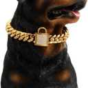 Gold Cuban Chain Dog Collar Solid Stainless Steel Link Chain Thick Pet Collar Cool Zirconia Lock Small Medium Large Dogs Collar (12Inch for 9.6-11.5" Dog Neck)