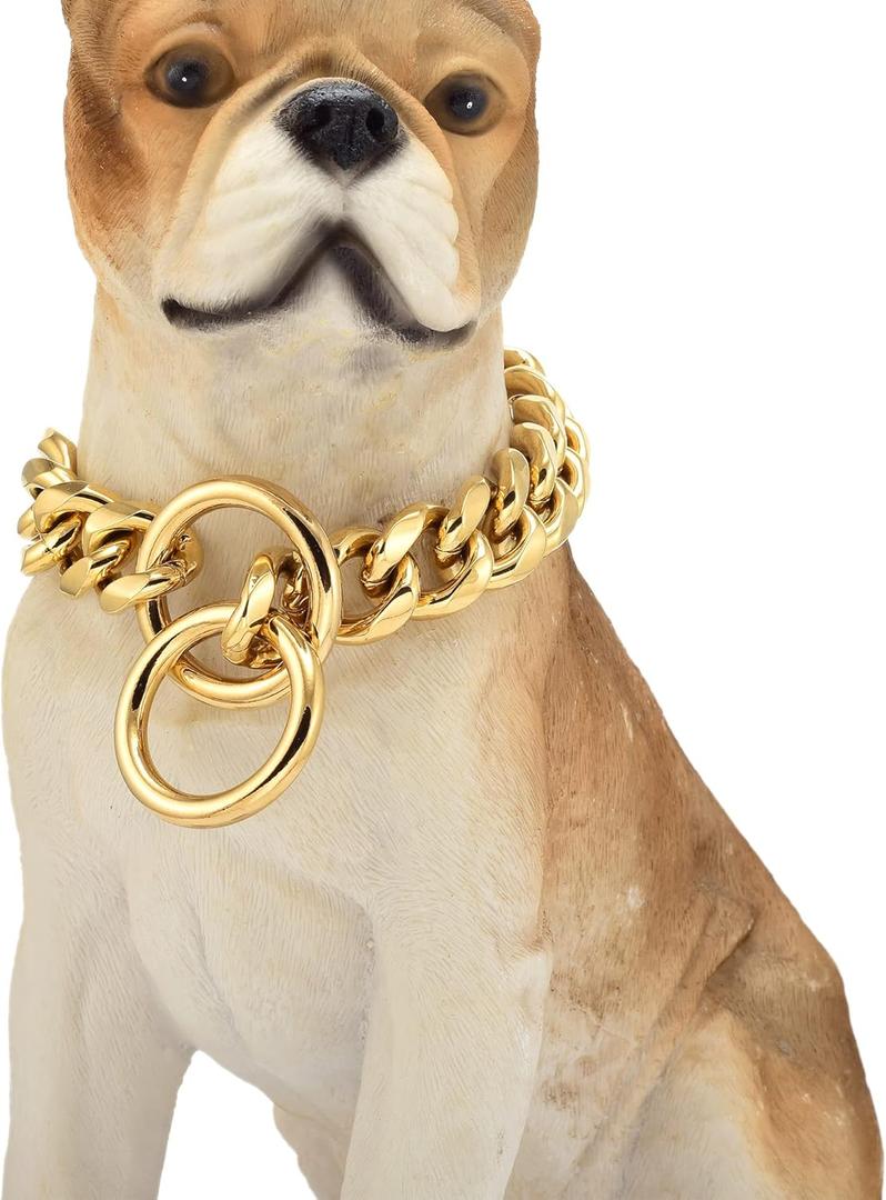 PRADOG Dog Collar Chain Gold 19mm Cuban Link Collar Chains Stainless Steel Metal Slip Collar Gold Pet Necklace for Large Dogs 26" (Neck Fits 22"-24") PRADOG Dog Collar Chain Gold 19mm Cuban Link Collar Chains Stainless Steel Metal Slip Collar Gold Pet Necklace for Large Dogs 26" (Neck Fits 22"-24")