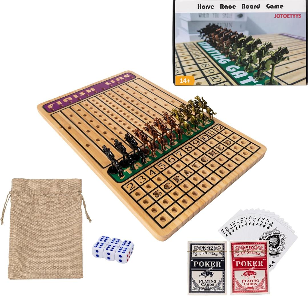 Horse Race Board Game, Horse Racing Board Game with 11 Luxury Metal Horses, 4 Dice, 2 Boxes of Cards, and Thickened Wood Horse Race Game Board