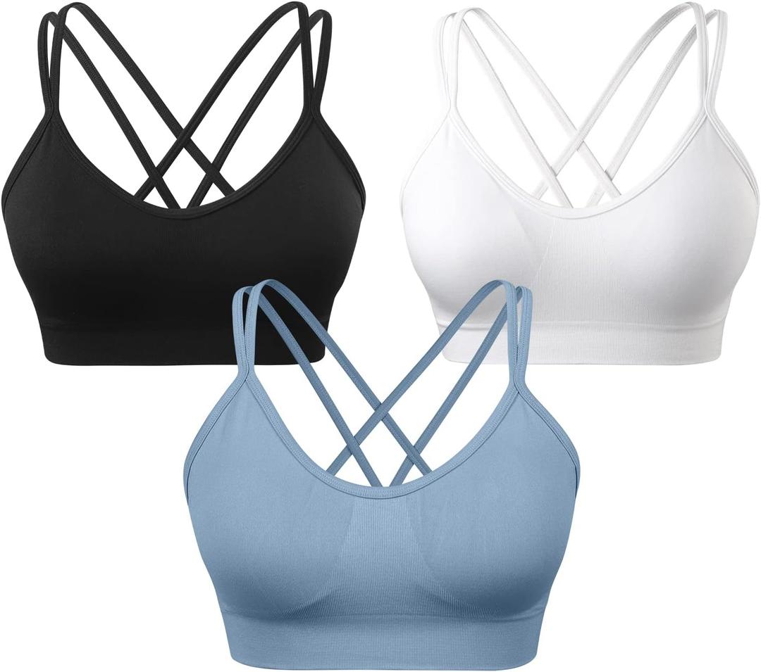 VEQKING Women's Cross Back Sports Bra Padded Strappy Medium Support Yoga Bra for Workout Fitness 3 Pack M