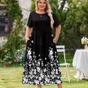 IN'VOLAND Womens Plus Size Maxi Dresses Summer 2026 Casual Short Sleeve with Pockets Long Dress 5X Black Flower