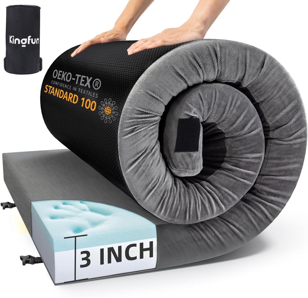 Kingfun 3 Inch CertiPUR-US Memory Foam Camping Mattress Pad, Waterproof Roll up Sleeping Pad, Thick Floor Sleeping Mats for Tent with Removable Travel Bag, Size: Single 75" X 30" X 3 inch