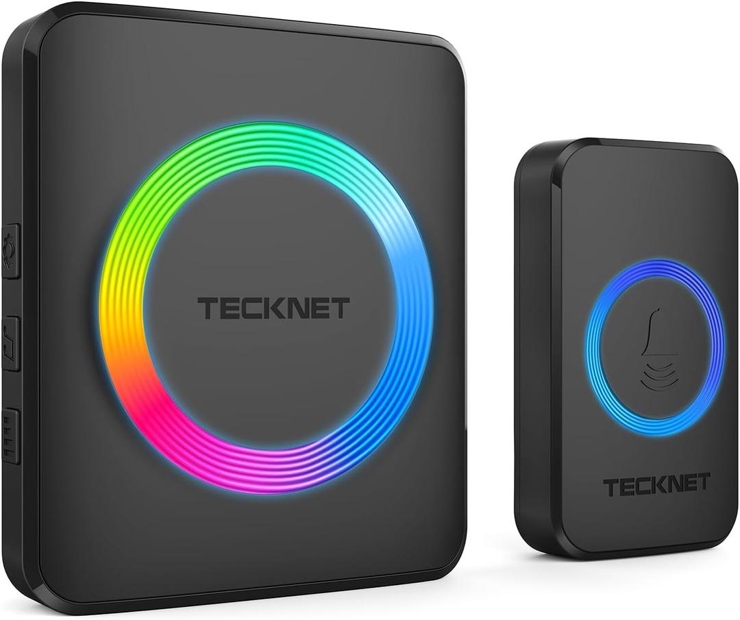 TECKNET Wireless Doorbells for Home, IP65 Waterproof 1,300Ft 120dB Door Bell Ringer Wireless for Classroom with 60 Chimes & 5 Volume Levels, LED Flash (1 button & 1 plug-in receiver, BLACK)