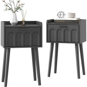 LAATOOREE Nightstand Set of 2, Mid- Century Small Side End Table with Arced Door, Bedside Tables with Solid Wood Legs for Bedroom, Living Room (Black)