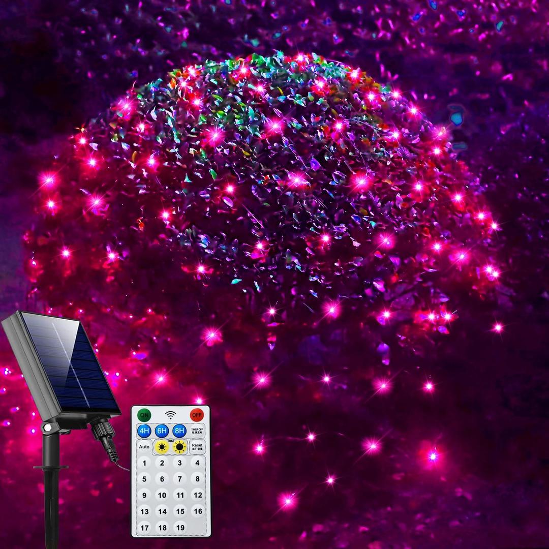 Curyidy Solar Net Lights Outdoor Mesh Lights Christmas Decorations, 240LED String Tree Wrap Waterproof 19 Modes for Bushes, Fence,Garden, Shrubs,Trunk, Halloween,Xmas Decor (Pink, 9.8ft x 6.6ft)