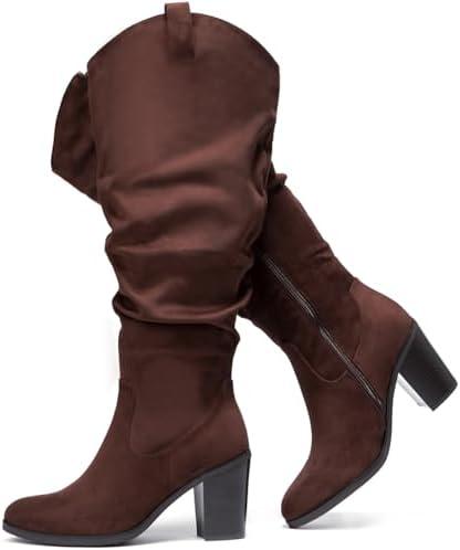 Luoika Women's Extra Wide Calf Cowboy Knee High Boots, Wide Width Cowgirl Slouchy Boots Chunky Pump Heel Plus Size Western Boots. 9.5