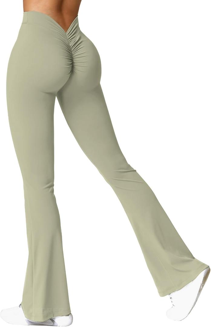 YEOREO Scrunch Flare Leggings V Back Butt Lifting Wide Leg High Waist 31.5" Gym Workout Yoga Pants (Large, Green)