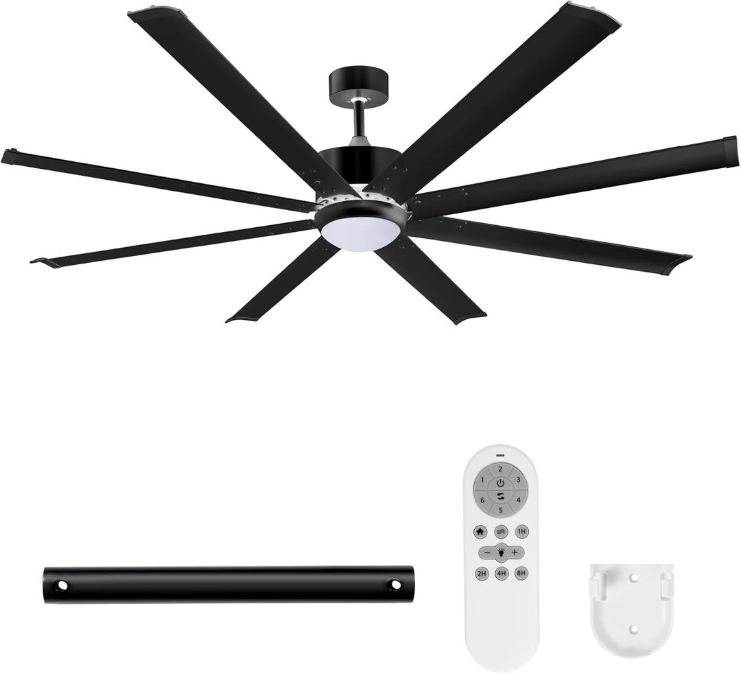 72" Ceiling Fans with Light and Remote, Energy Saving Super Quiet 6-Speed Ceiling Fan with 3CCT Dimmable Light for Farmhouse Gym Garage Indoor Outdoor, 8 Aluminum Blades, Reversible, Black (72in)