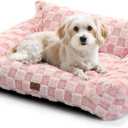 Made4Pets Cat Beds for Indoor Cats, Cat Couch Bed, Soft Faux Fur Checkered Pet Sofa, Calming Fluffy Kitten Sofa with Supportive Foam, Removable Washable Cover with NonSlip Base, Pink, Small
