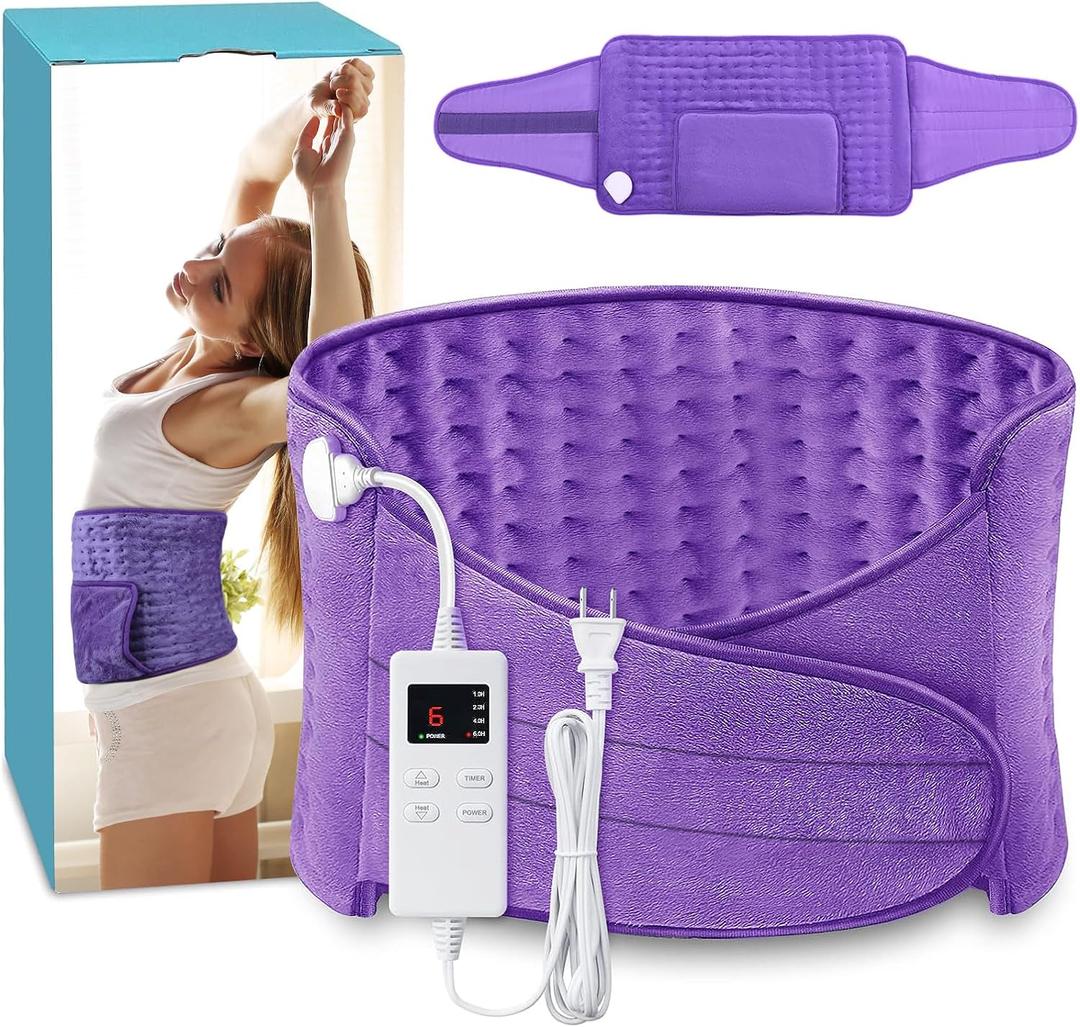Heating Pad Back Pain Relief Electric Heating Pad for Period Cramps Lower Back Neck Shoulders Pain Relief 6-Hour Auto Off 12x24 Heated Pad + 20" Belt 4 Timer 6 Heat Level Wrap (Purple)