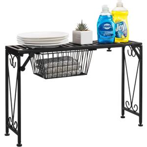 MyGift Black Metal Over the Sink Organizer Shelf with Pull Out Drawer, Expandable Kitchen Caddy Rack, Bathroom Storage Shelf Riser with Scrollwork Design