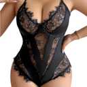 SOLY HUX Women's Plus Size Lingerie Sexy Bodysuit Lace Sheer One Piece Cami Teddy Babydoll Nightwear (4X-Large, Plain Black)