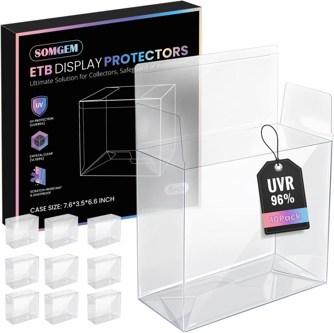 SOMGEM 96% UV-Blocking PKMN ETB Protector Case (10-Pack) - 192x90x168mm Anti-Scratch Design, 0.5mm Thick, Crystal-Clear PET Elite Trainer Box Protector